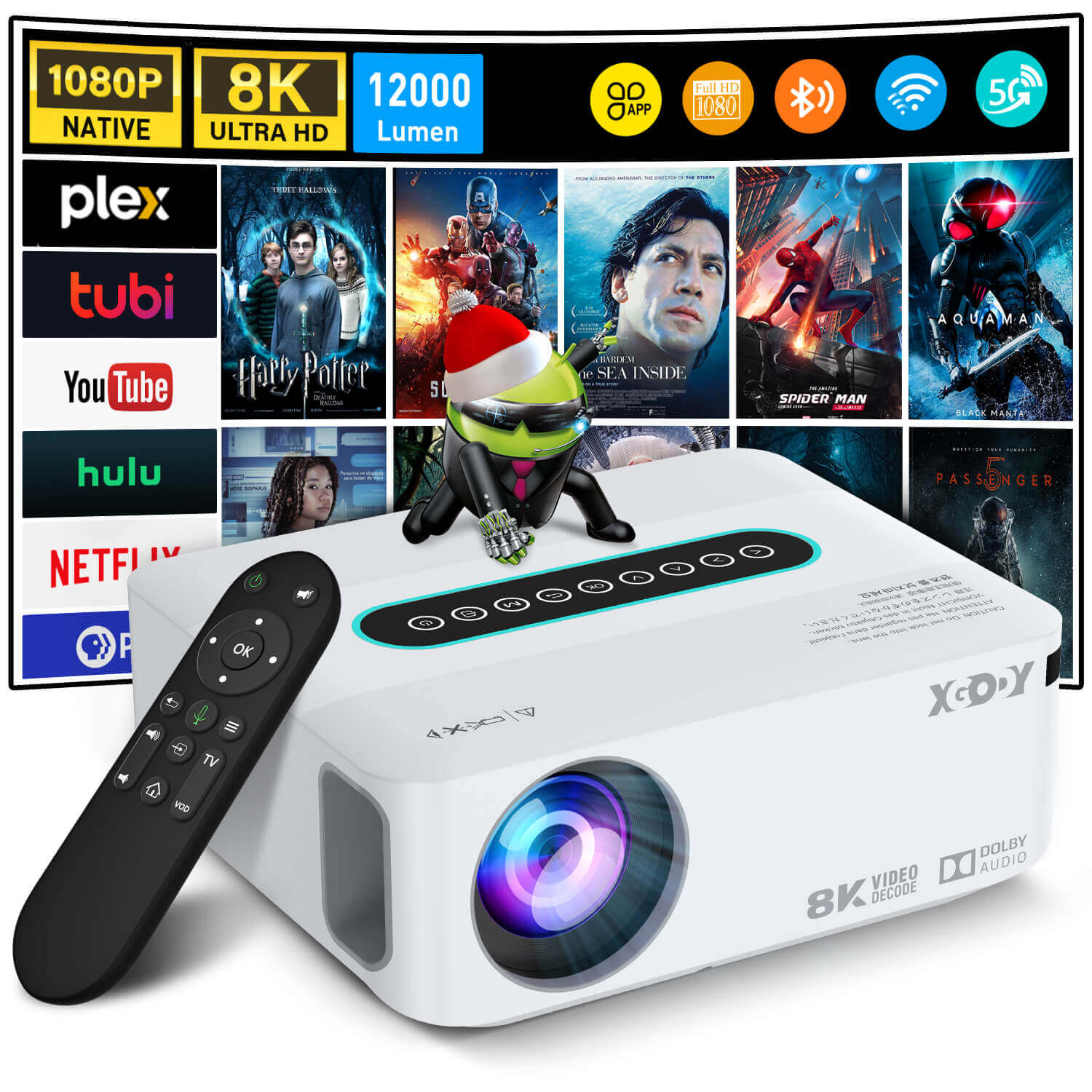 XGODY X1 | Native 1080P Projector 4K With Android 9.0 TV & Dolby Sound, For Wireless Outdoor Movies Night