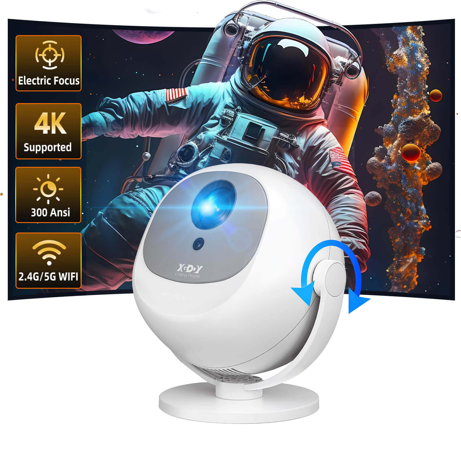 Gimbal A2: Portable Projector Dual Speakers Android 11.0, Native720P, WiFi6 & Bluetooth5.2 Connectivity