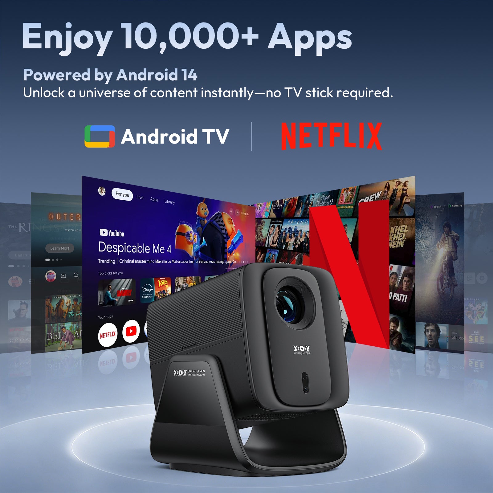 Gimbal A7 Cine Portable Projector Android 14 With Native 1080P WiFi 6 Bluetooth 5.4 Dolby Audio
