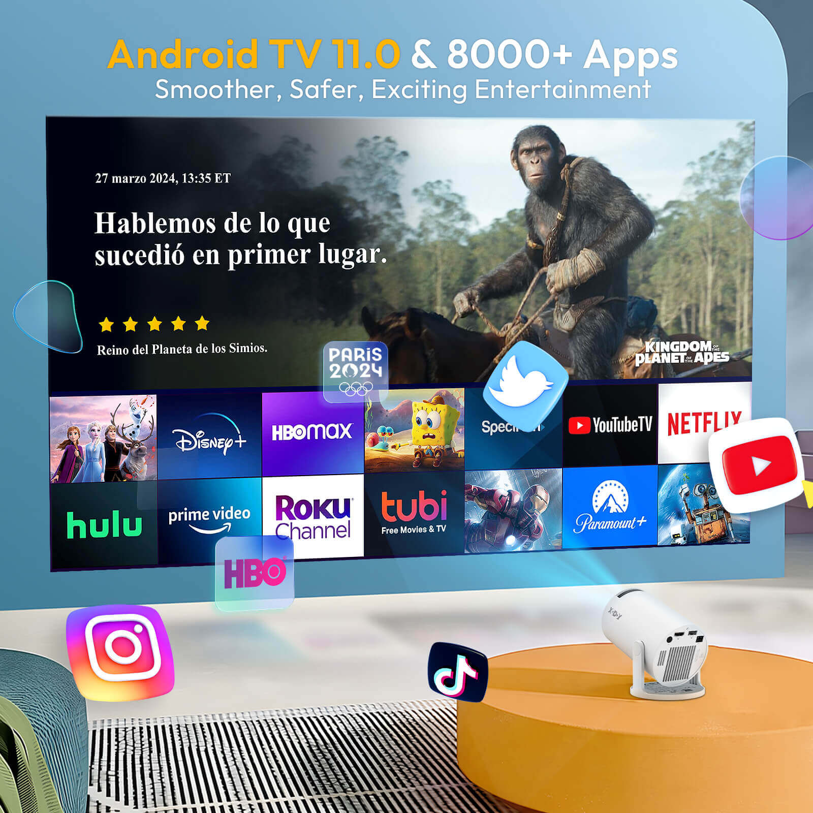 XGODY Gimbal 3 NEW Portable Short-throw Projector, Android 11.0 System With Bluetooth And Dual-Band WiFi6 Compact And Portable