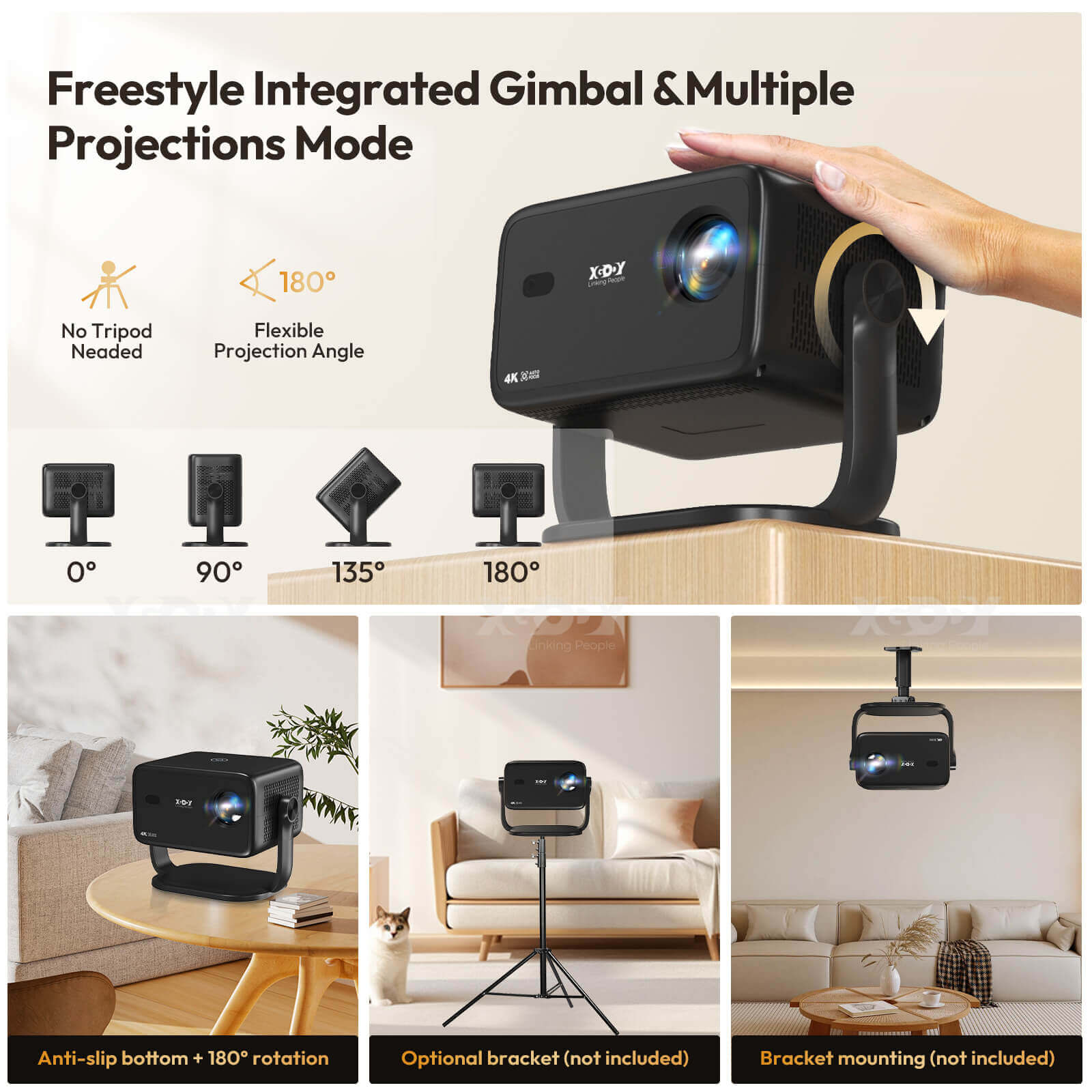 Gimbal A6: Portable Projector With Android 11.0, Native 1080P, WiFi & Bluetooth Auto Focus