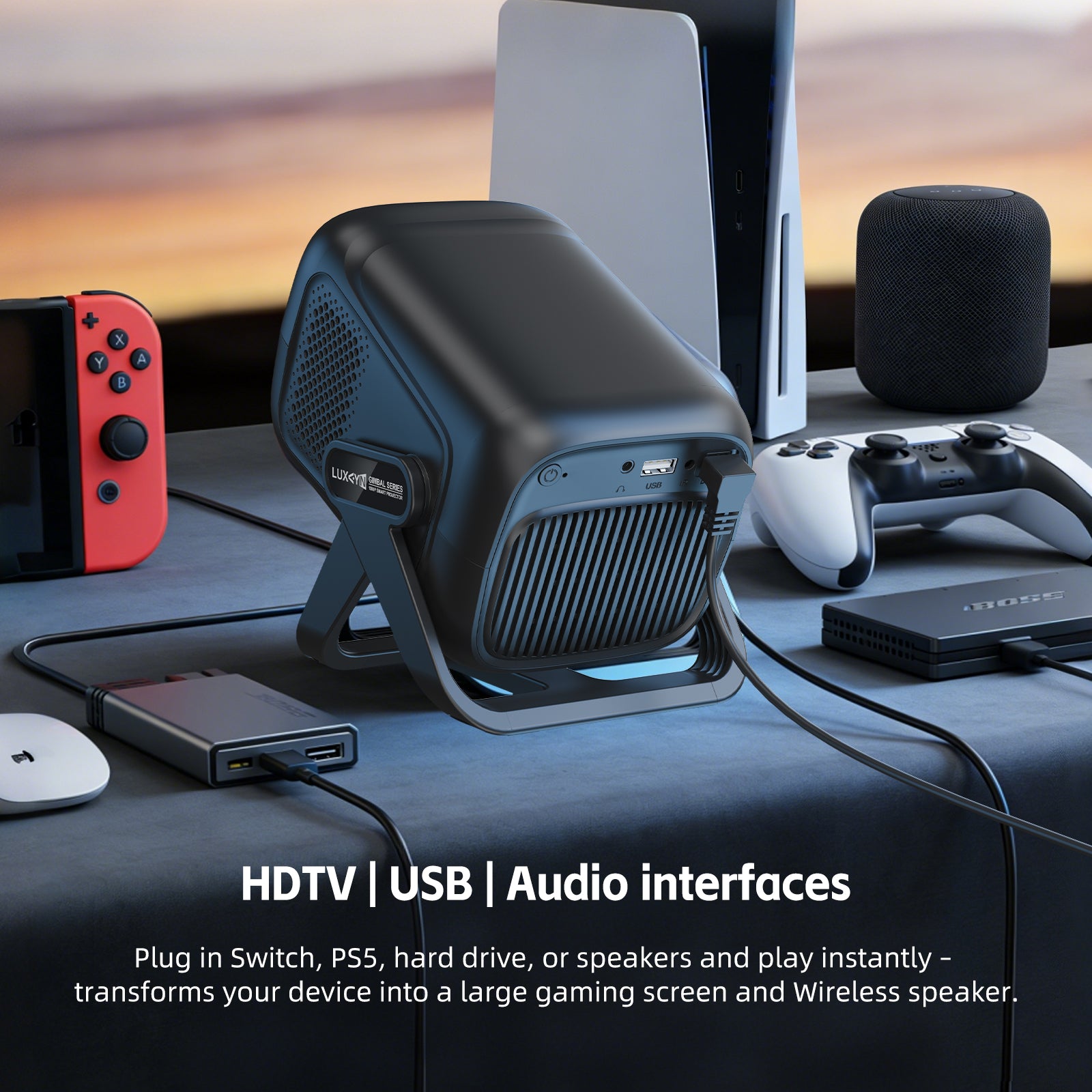 XGODY A5 Smart Gimbal Projector - Native 1080P FHD, 450 ANSI, Android 14, Auto Focus & Keystone