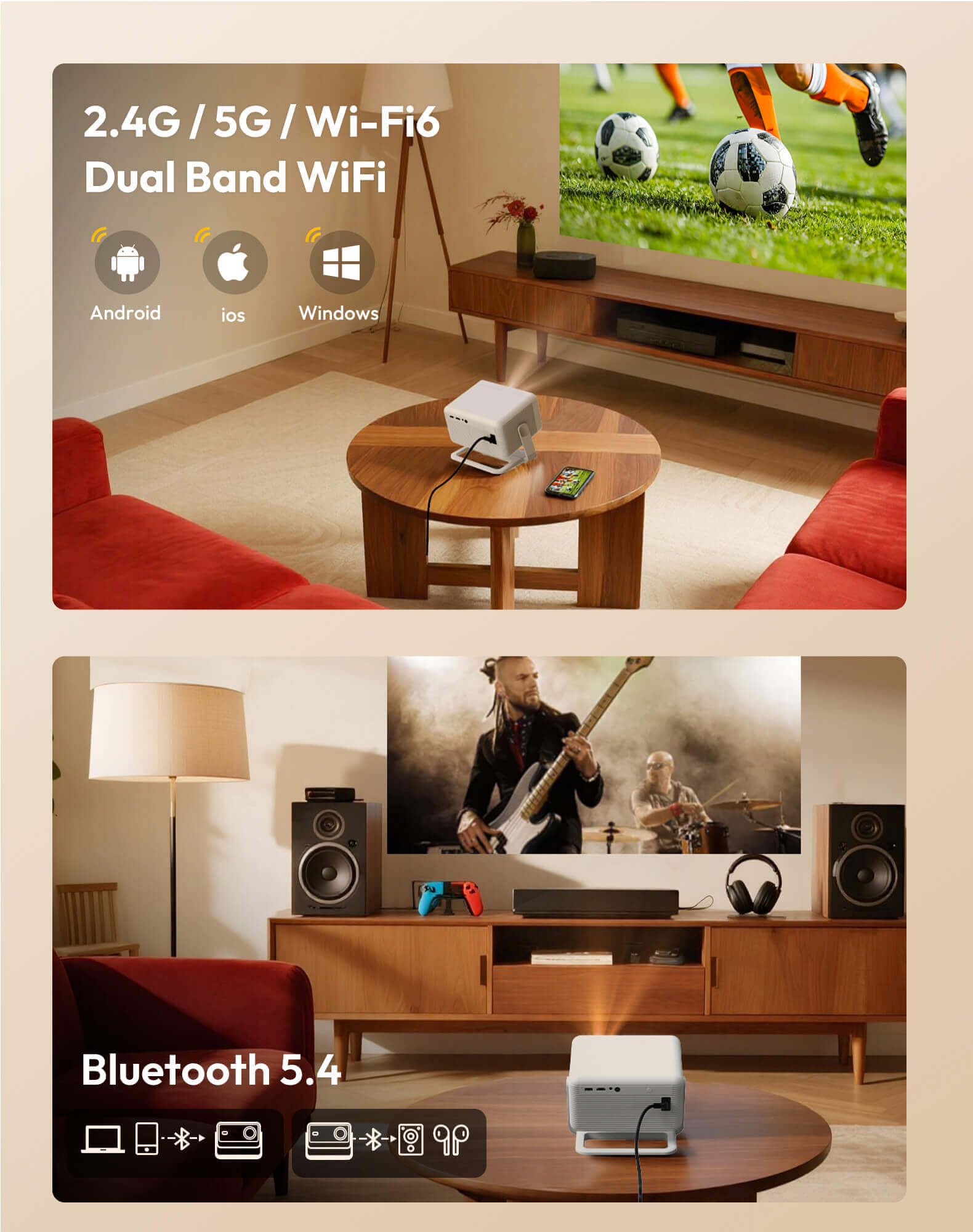 Gimbal N6 Pro Portable Projector With Native 1080P WiFi 6 & Bluetooth 5.4 32GB For Home Theater