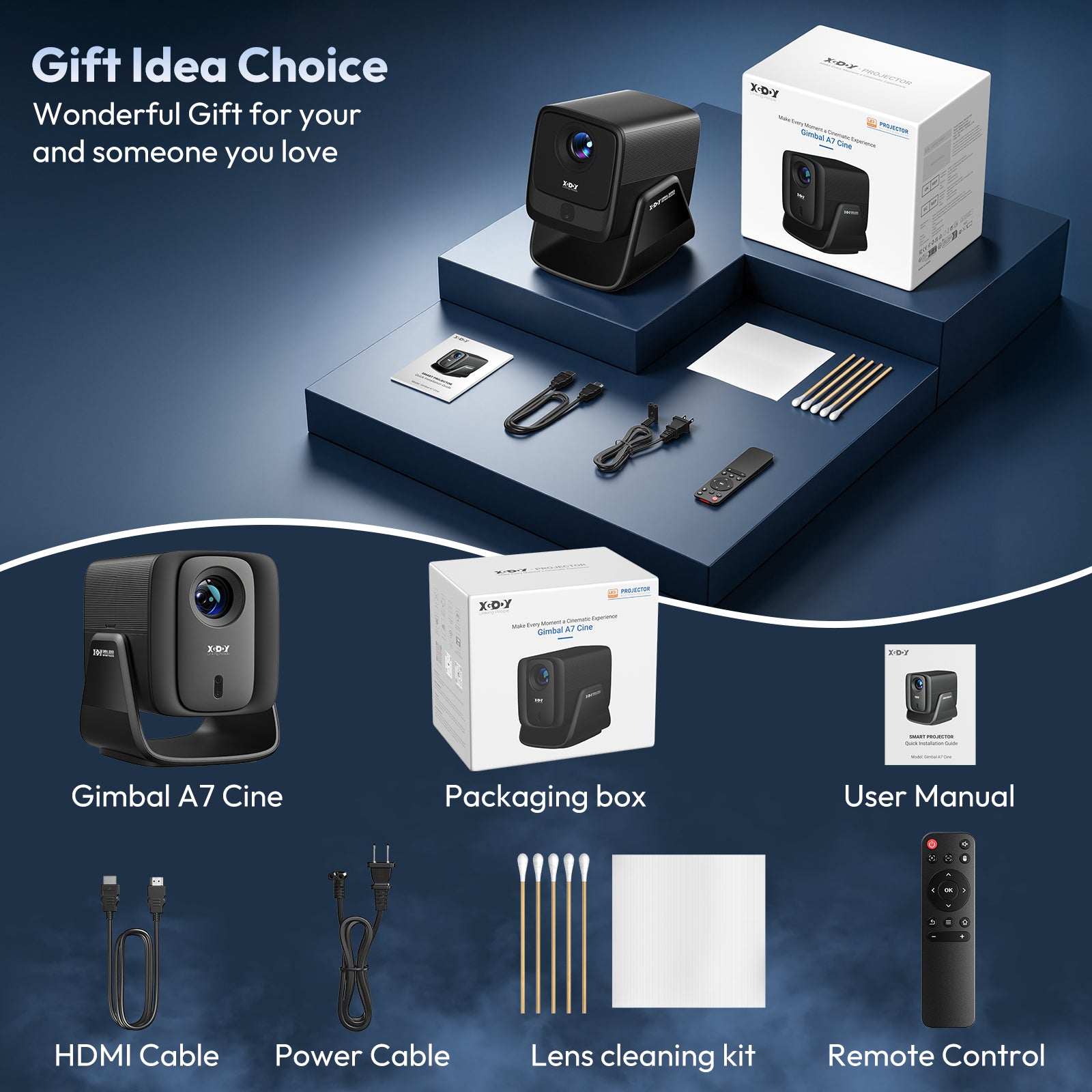 Gimbal A7 Cine Portable Projector Android 14 With Native 1080P WiFi 6 Bluetooth 5.4 Dolby Audio