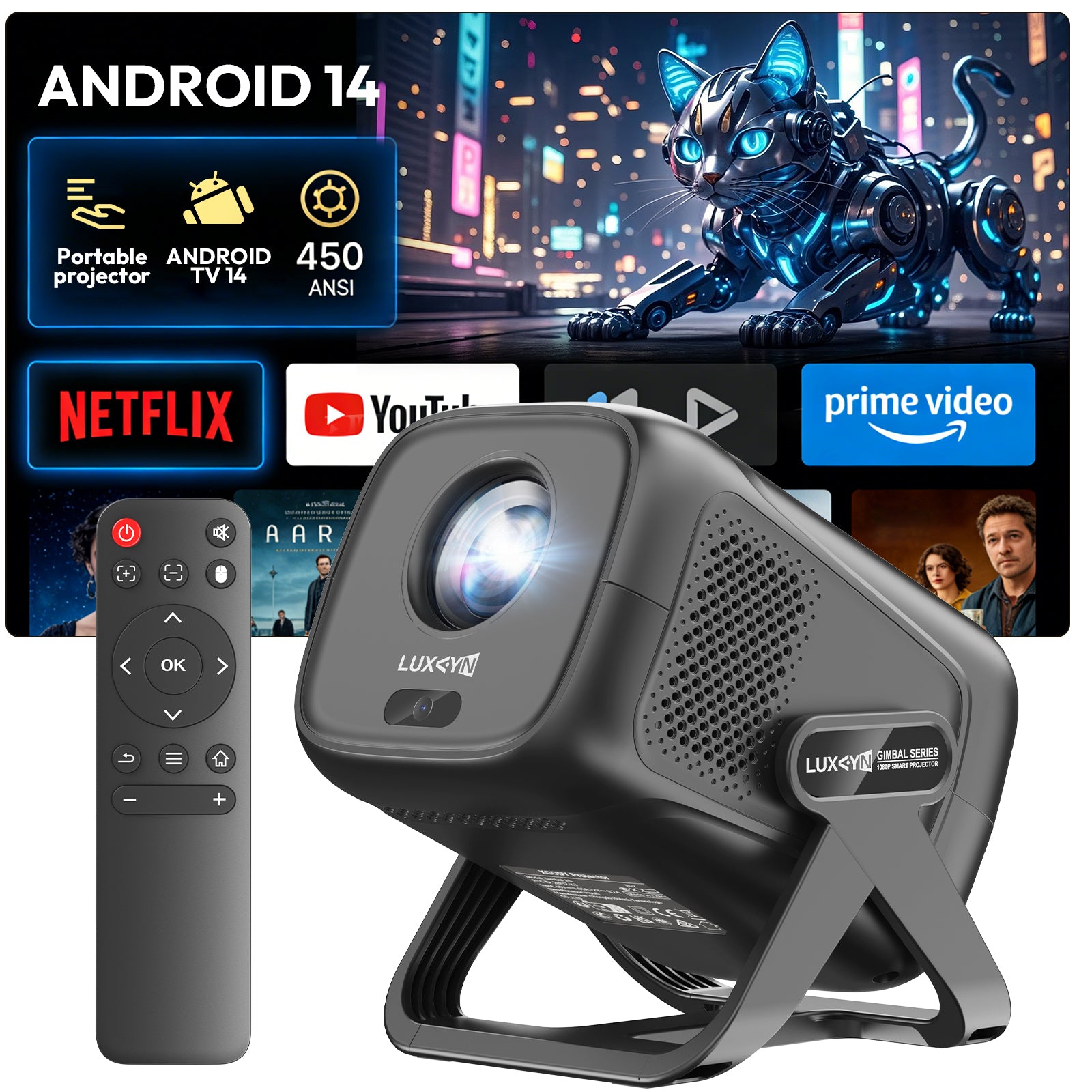 XGODY A5 Smart Gimbal Projector - Native 1080P FHD, 450 ANSI, Android 14, Auto Focus & Keystone