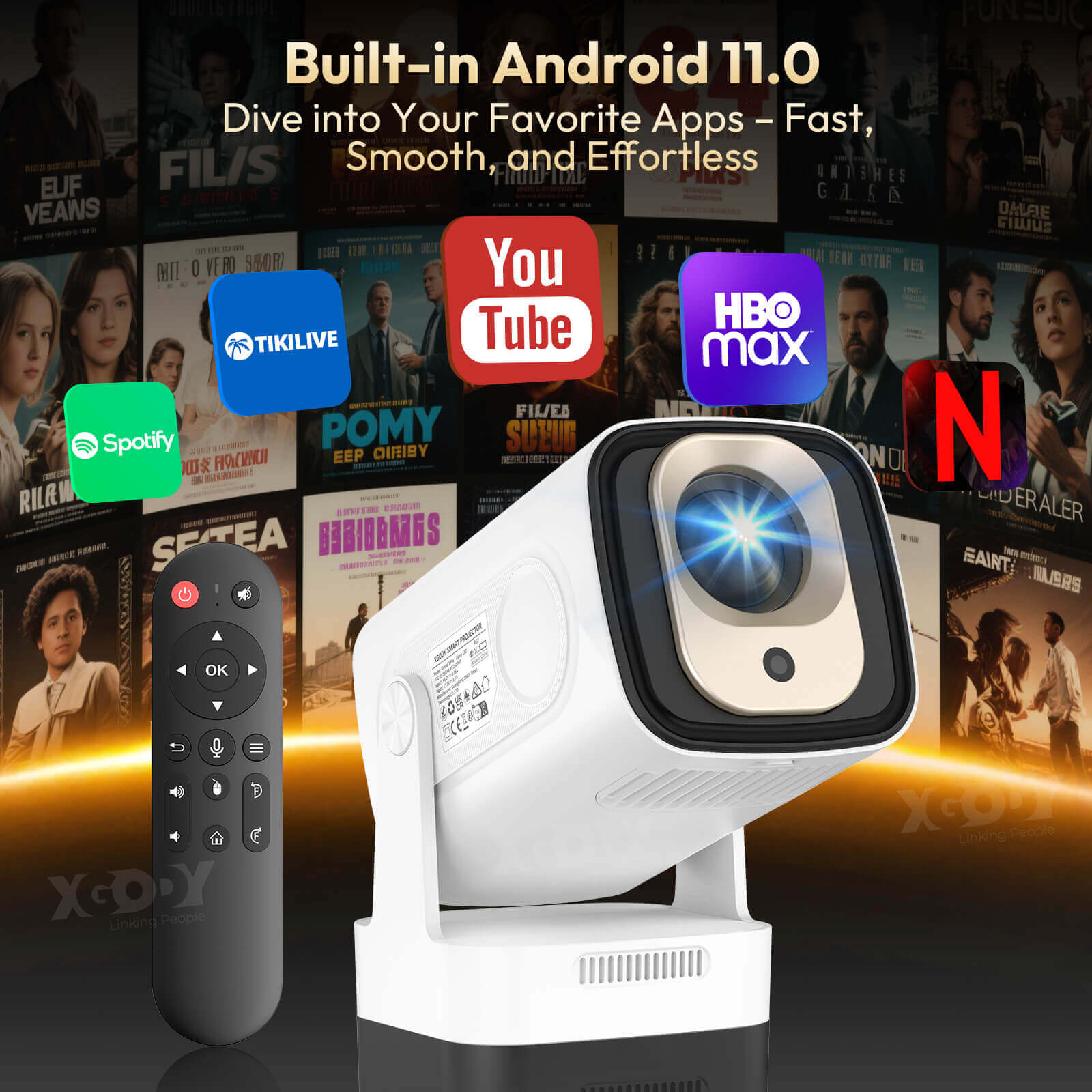 Gimbal 5 PRO: Portable Projector Android 14.0, Native 1080P, WiFi 6 & Bluetooth 5.4 Built-in Stereo Speaker