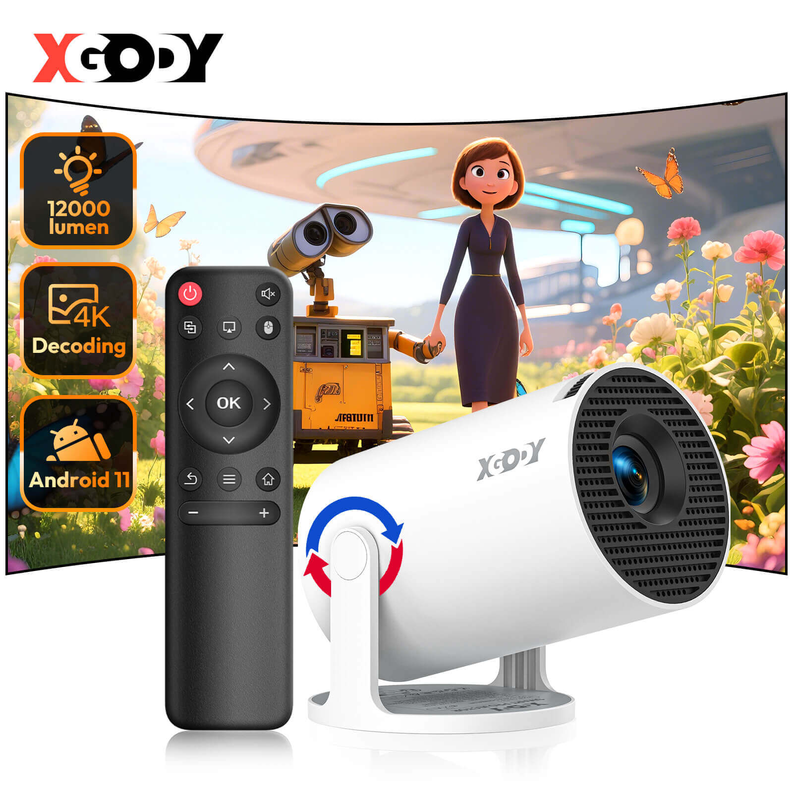XGODY Gimbal 3 NEW Portable Short-throw Projector, Android 11.0 System With Bluetooth And Dual-Band WiFi6 Compact And Portable