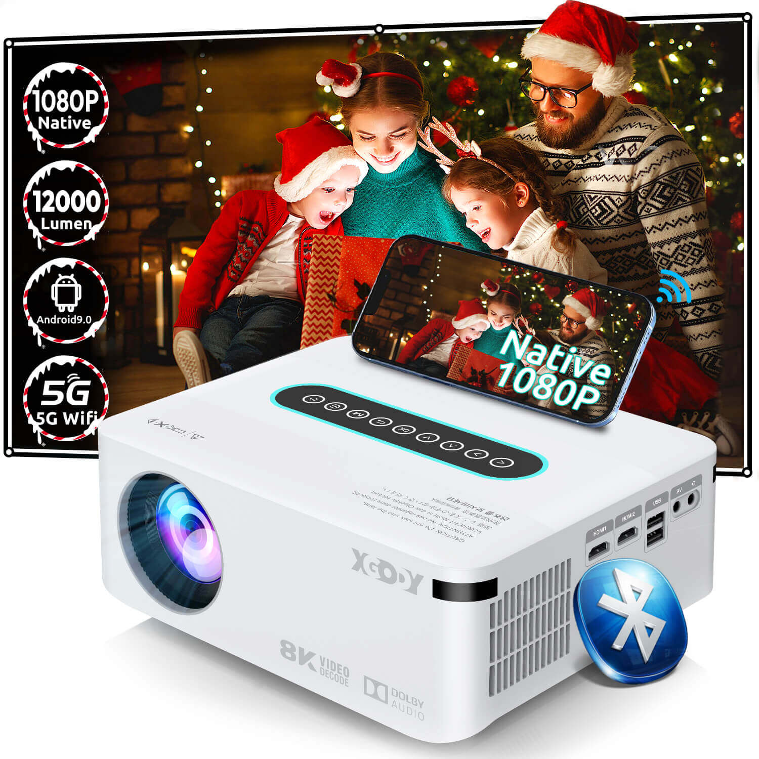 XGODY X1 | Native 1080P Projector 4K With Android 9.0 TV & Dolby Sound,  For Wireless Outdoor Movies Night