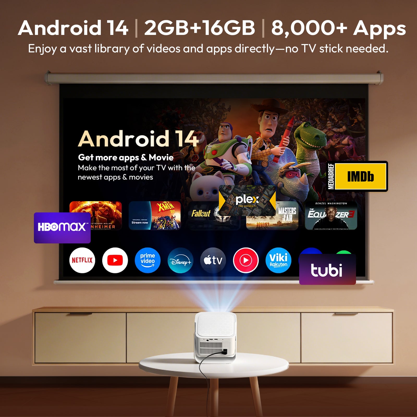 XGODY Gimbal 7 Portable Short-throw Projector, Android 14.0 System 8K Support
