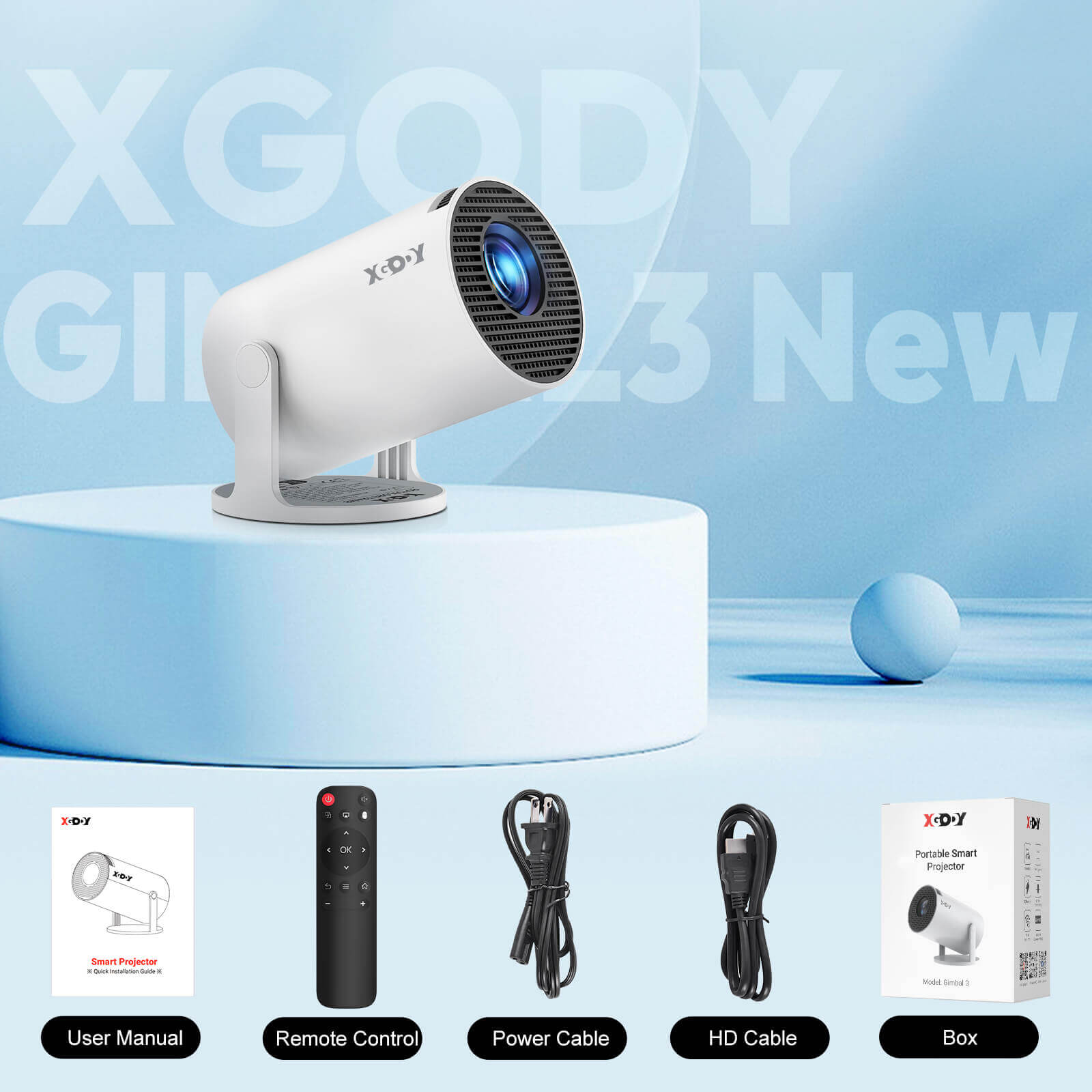 XGODY Gimbal 3 NEW Portable Short-throw Projector, Android 11.0 System With Bluetooth And Dual-Band WiFi6 Compact And Portable