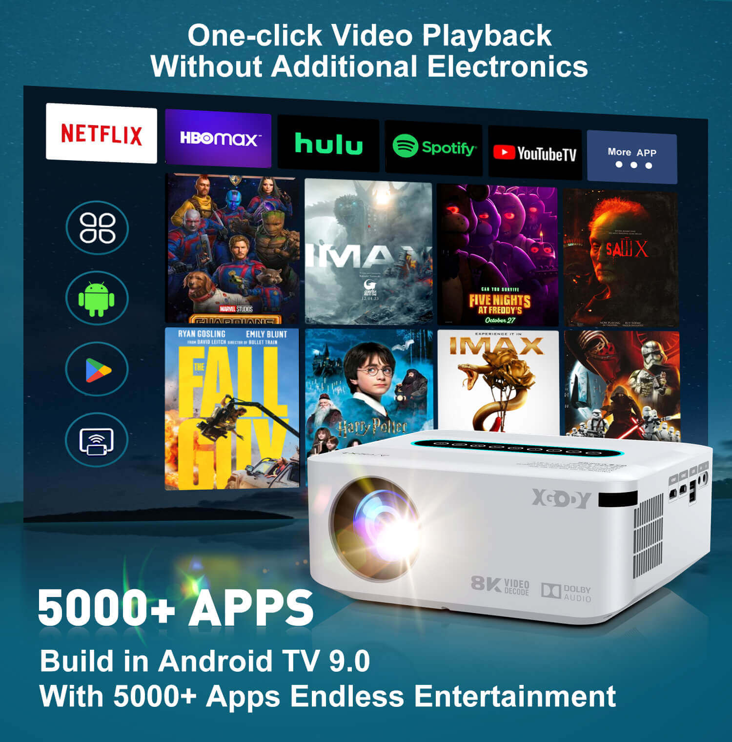 XGODY X1 | Native 1080P Projector 4K With Android 9.0 TV & Dolby Sound,  For Wireless Outdoor Movies Night