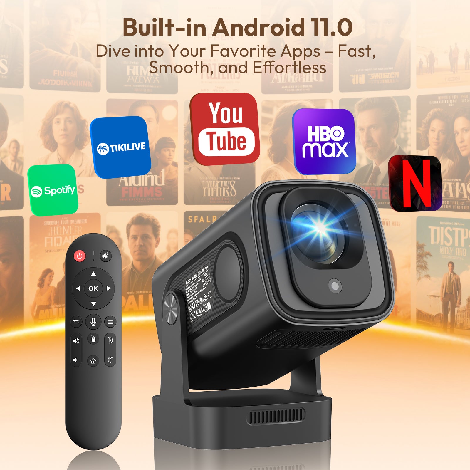 Gimbal 5 PRO: Portable Projector Android 14.0, Native 1080P, WiFi 6 & Bluetooth 5.4 Built-in Stereo Speaker